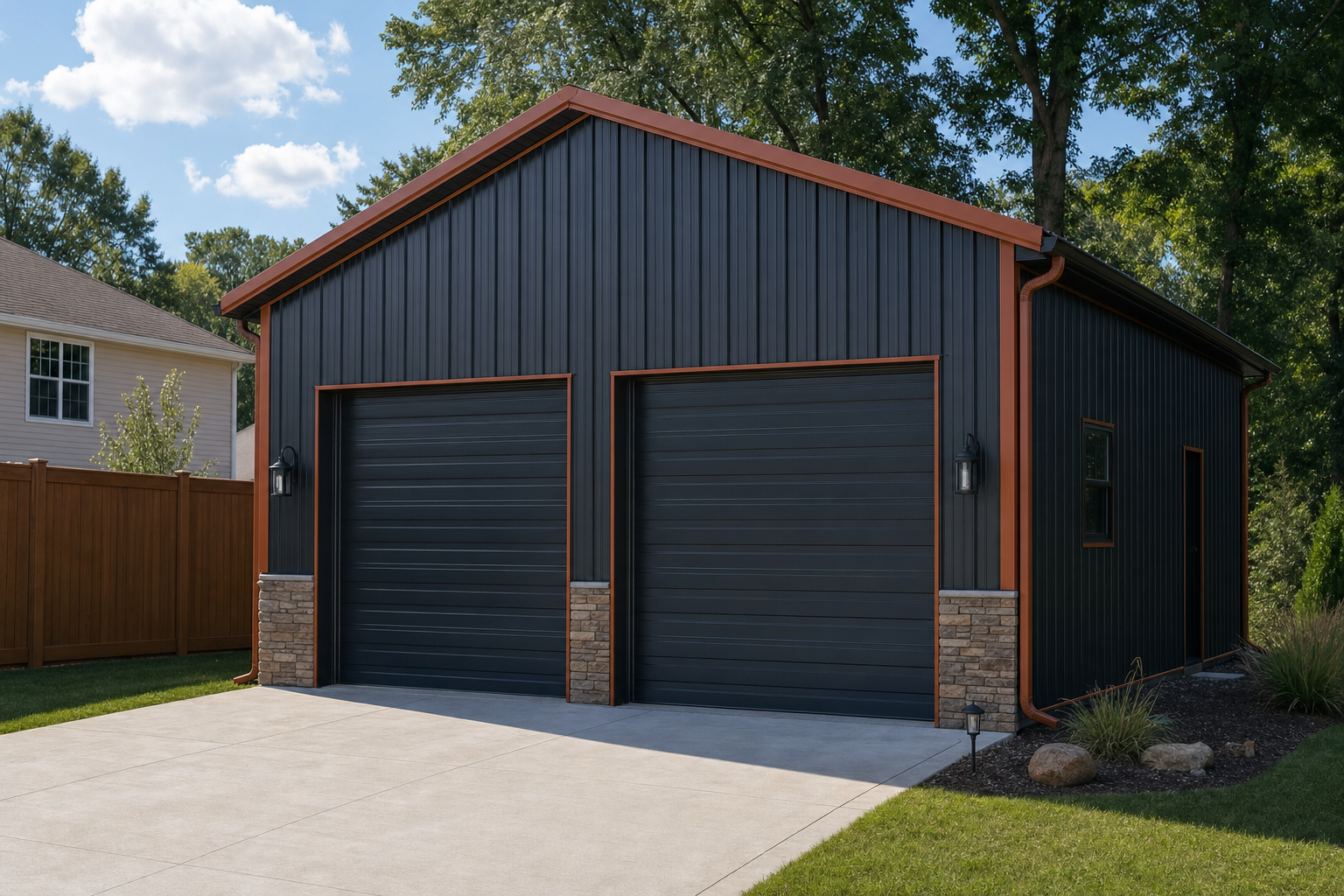 Steel garage building with two bays